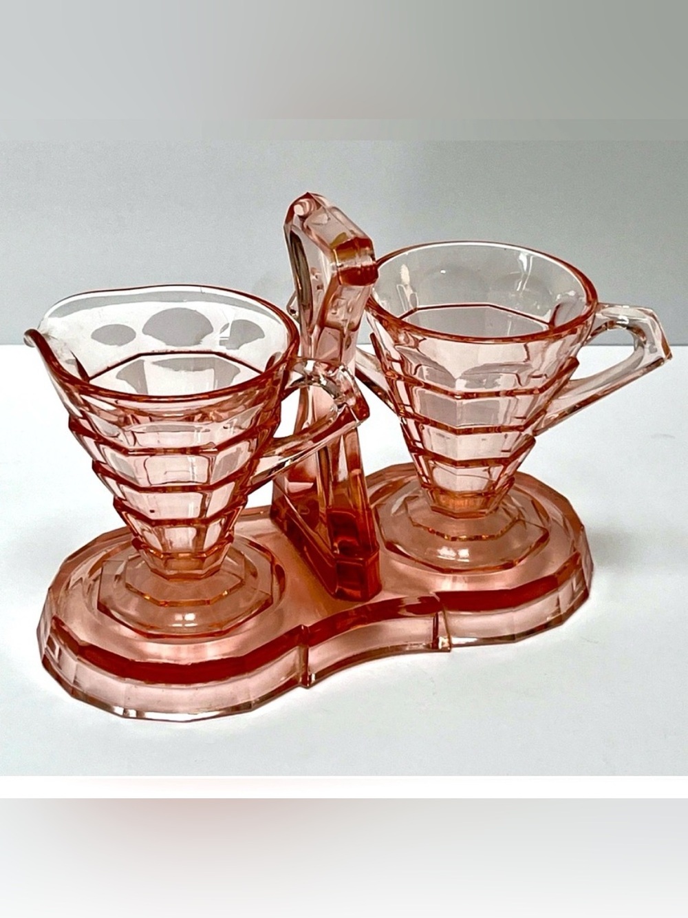 Indiana Glass "Tea Room Pink" Sugar& Creamer w Original Stand | Vintage | EUC
